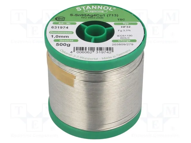 631974 (Soldering wire; Sn95,5Ag3,8Cu0,7; 1mm; 0.5kg; lead free; 217°CСрок поставки 2-3 недели)